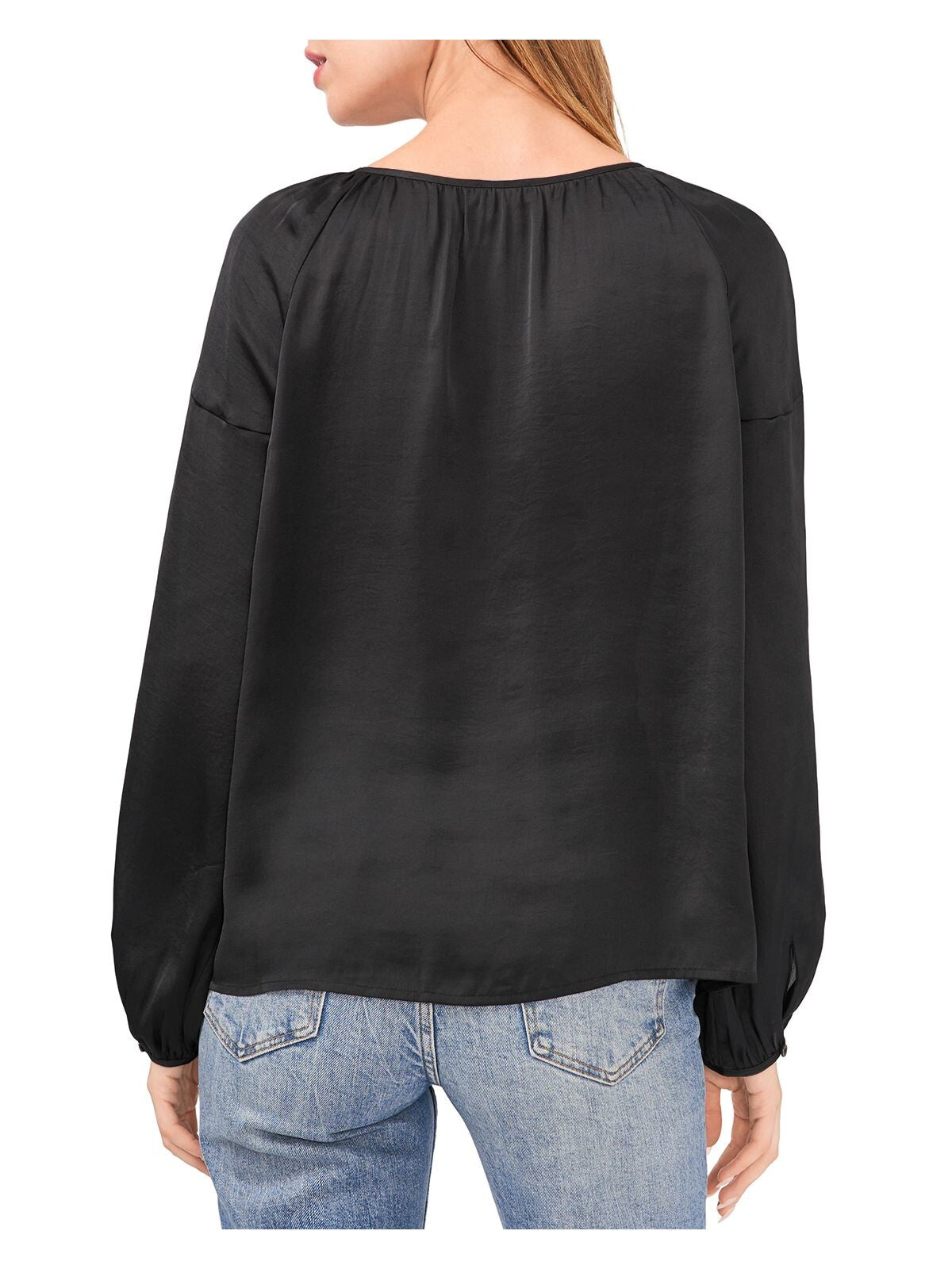 VINCE CAMUTO Womens Black Gathered Curved Hem Long Sleeve Keyhole Wear To Work Peasant Top XS