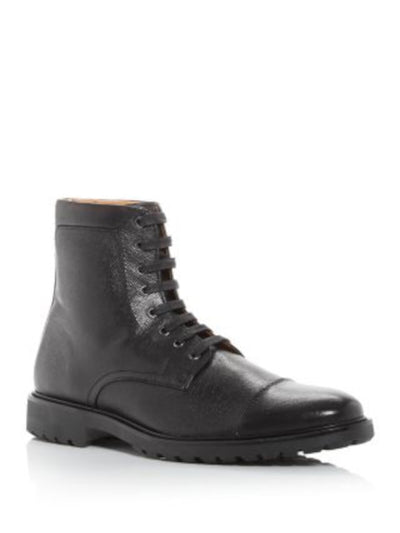 THE MENS STORE Mens Black Padded Cap Toe Block Heel Lace-Up Leather Boots Shoes 10.5