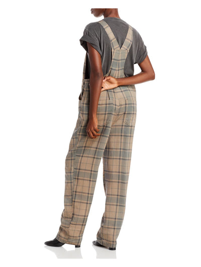 WEWOREWHAT Womens Brown Pocketed Bib Overall Side Button Closures Plaid Sleeveless Square Neck Straight leg Jumpsuit XS