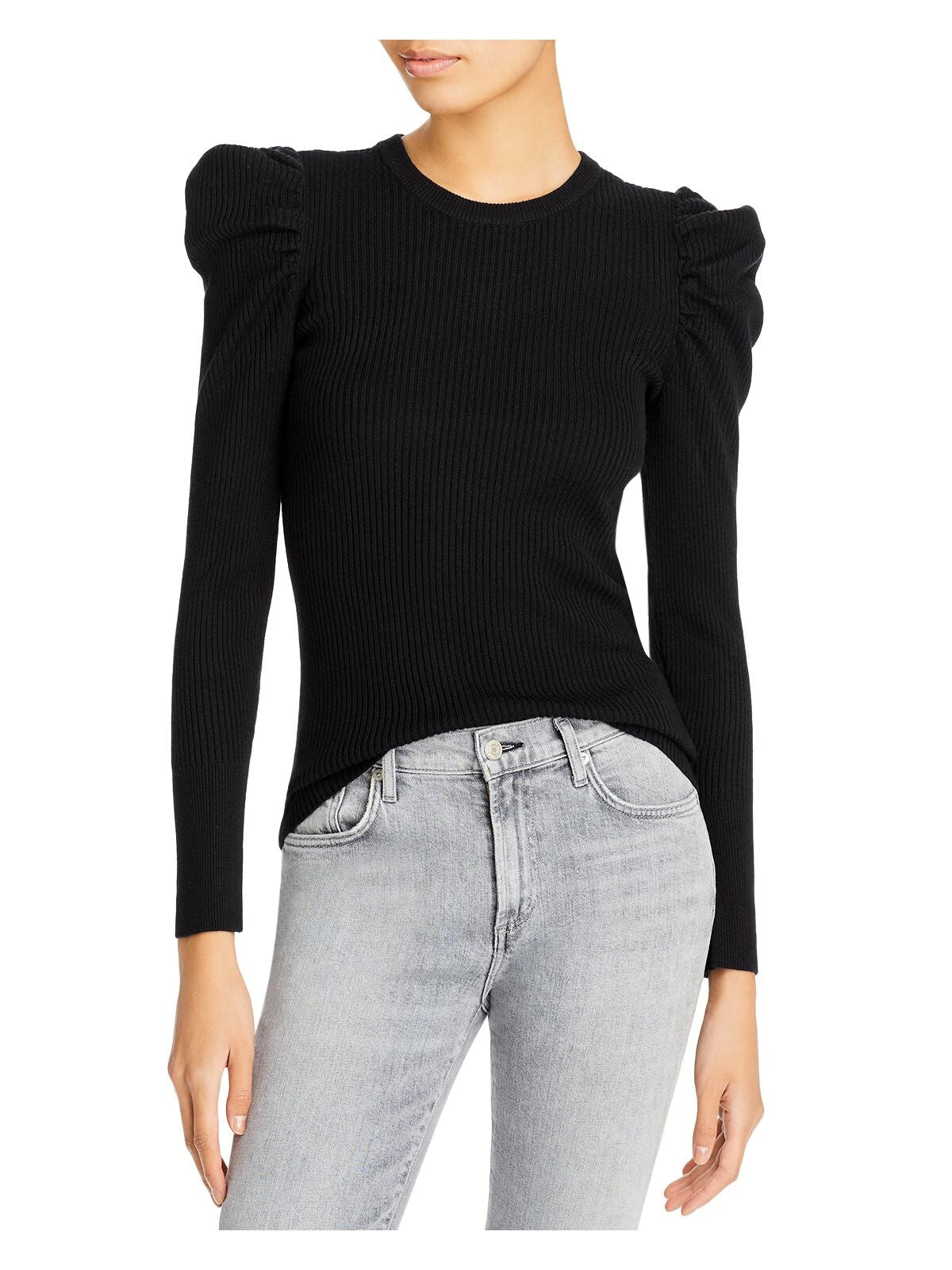 7 FOR ALL MANKIND Womens Black Ribbed Ruffled Pouf Sleeve Crew Neck Sweater L