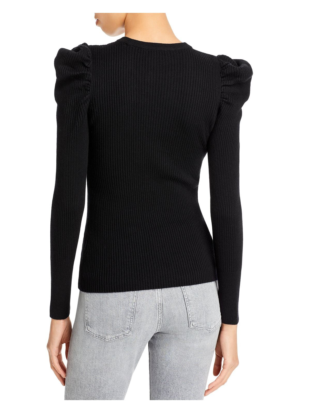 7 FOR ALL MANKIND Womens Black Ribbed Ruffled Pouf Sleeve Crew Neck Sweater L
