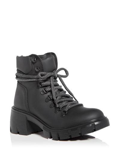 AQUA Womens Black 1" Platform Water Resistant Padded Reign Round Toe Block Heel Lace-Up Combat Boots 6.5 M