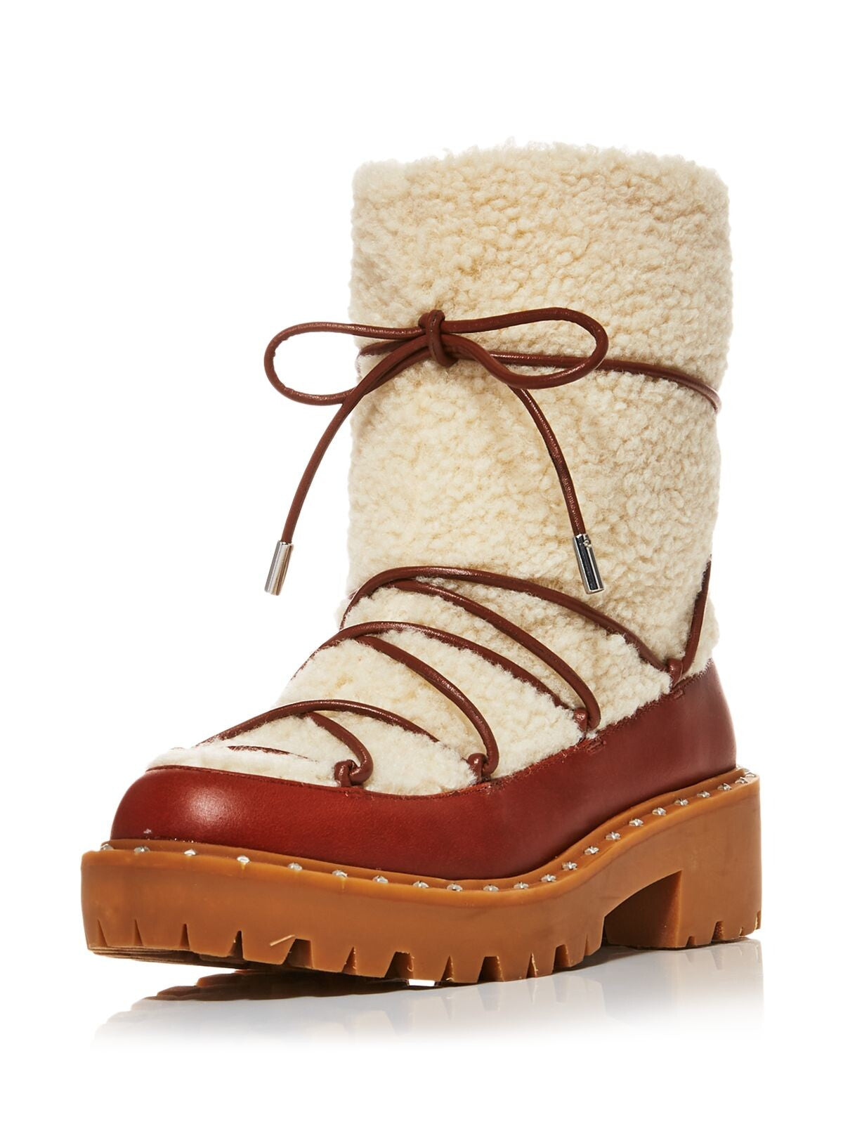 AQUA Womens Brown Comfort Studded Lug Sole Fuzz Round Toe Block Heel Lace-Up Snow Boots 8.5 M