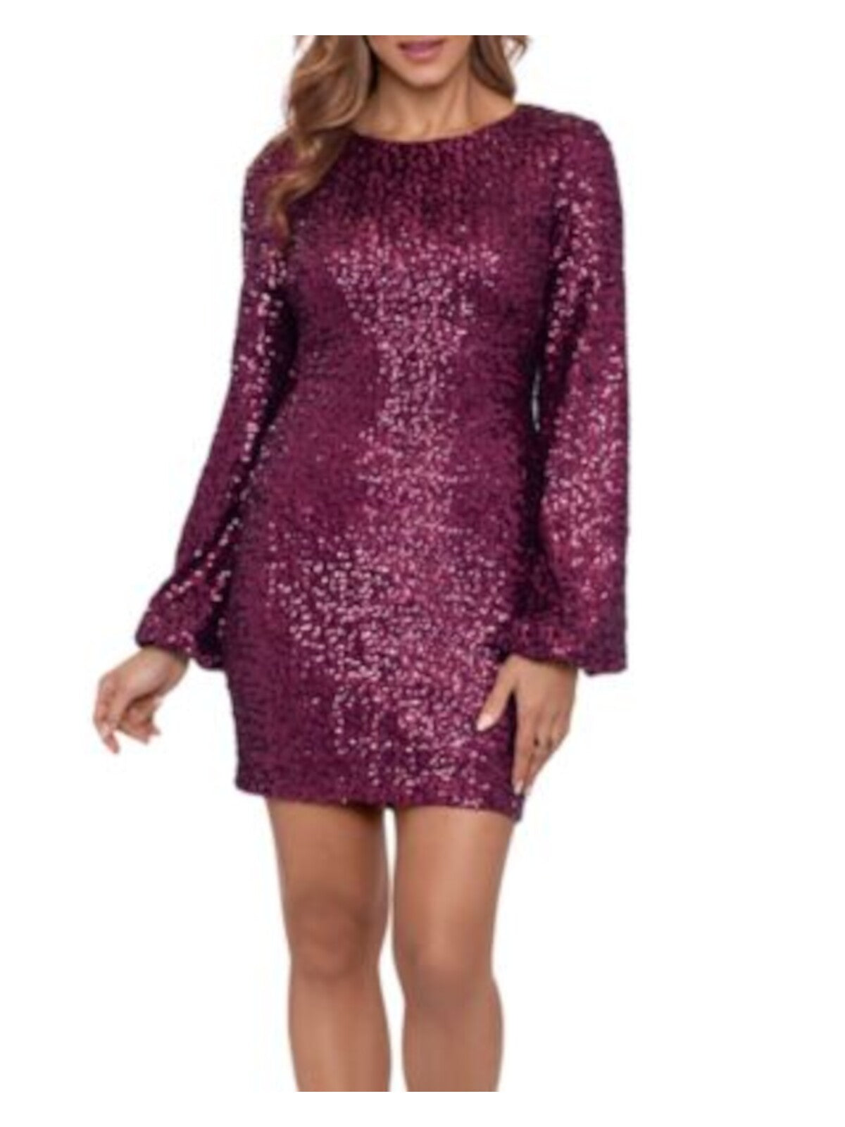 BETSY & ADAM Womens Burgundy Sequined Zippered Back Keyhole Lined Balloon Sleeve Round Neck Above The Knee Cocktail Sheath Dress 4