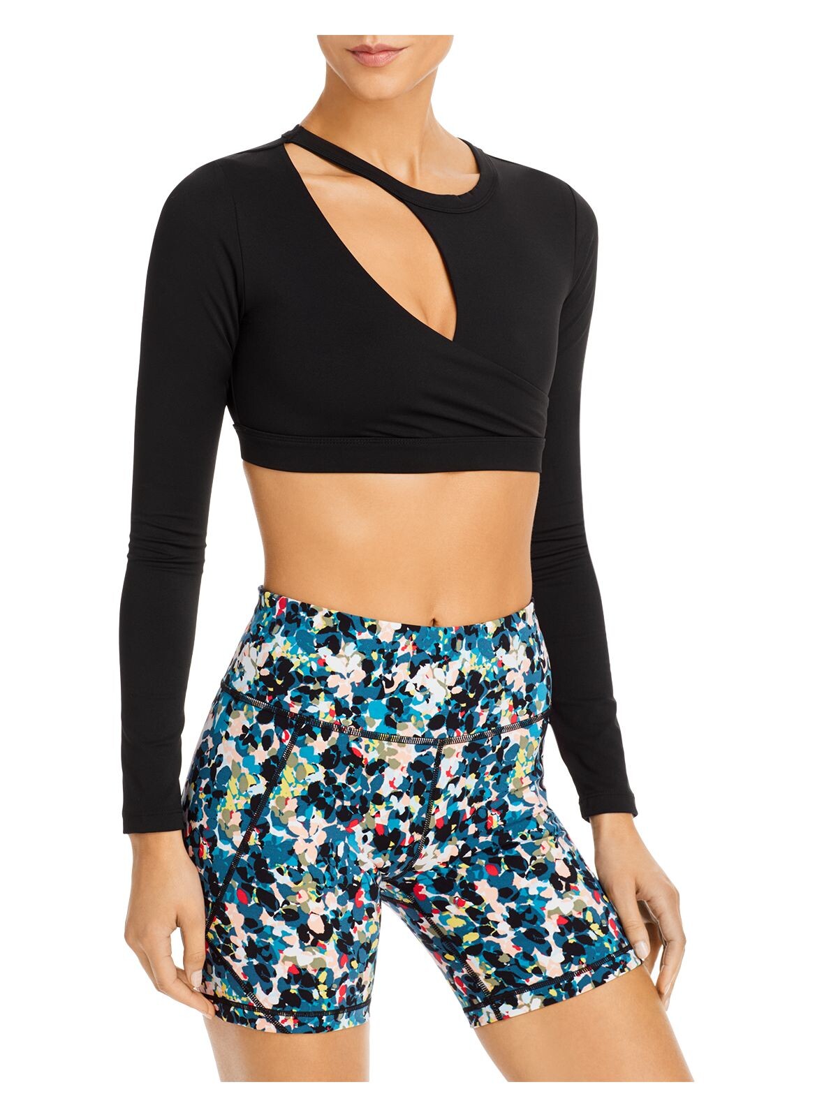 N: PHILANTHROPY Womens Black Stretch Cut Out Long Sleeve Asymmetrical Neckline Active Wear Crop Top XS