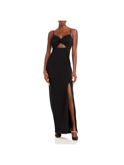 AQUA FORMAL Womens Black Stretch Zippered Twist Front Cutout Ruched High Slit Lined Spaghetti Strap Sweetheart Neckline Full-Length Evening Gown Dress 0