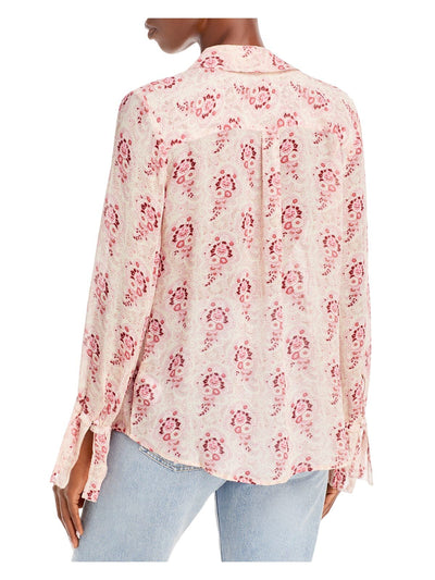 PAIGE Womens Pink Ruffled Pleated Sheer Floral Long Sleeve Collared Button Up Top XS