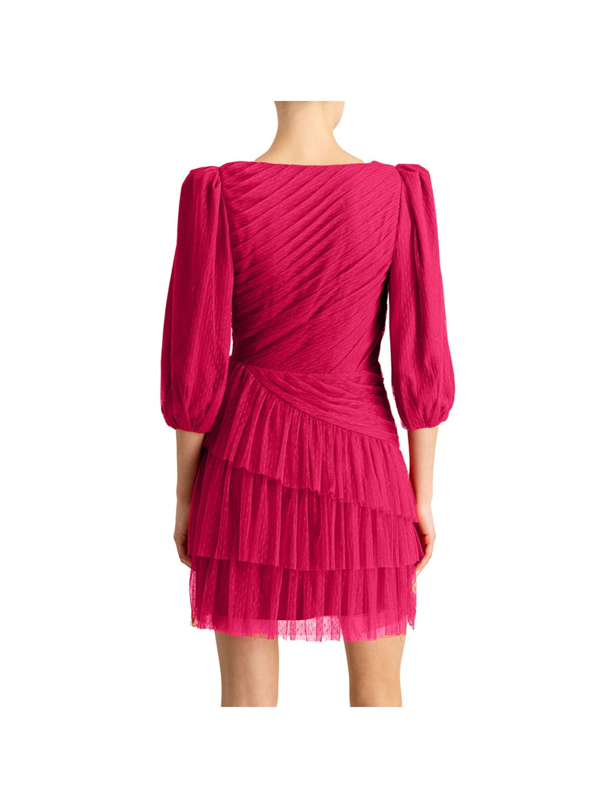 ML MONIQUE LHUILLIER Womens Red Zippered Textured Tiered Skirt Pleated Lined Balloon Sleeve V Neck Above The Knee Party Sheath Dress 0