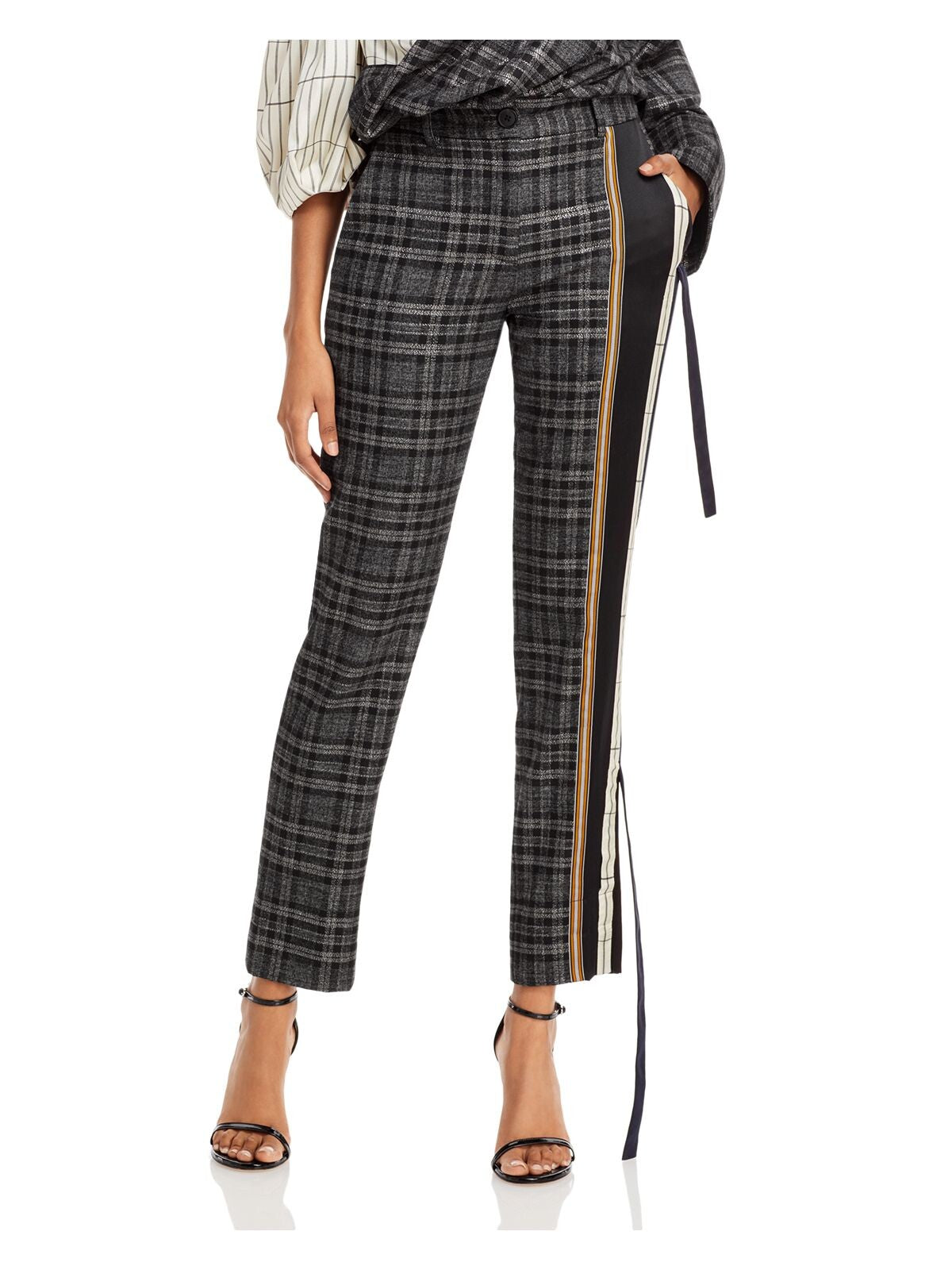 HELLESSY Womens Black Pocketed Zippered Tie Accents Metallic Plaid Straight leg Pants 4