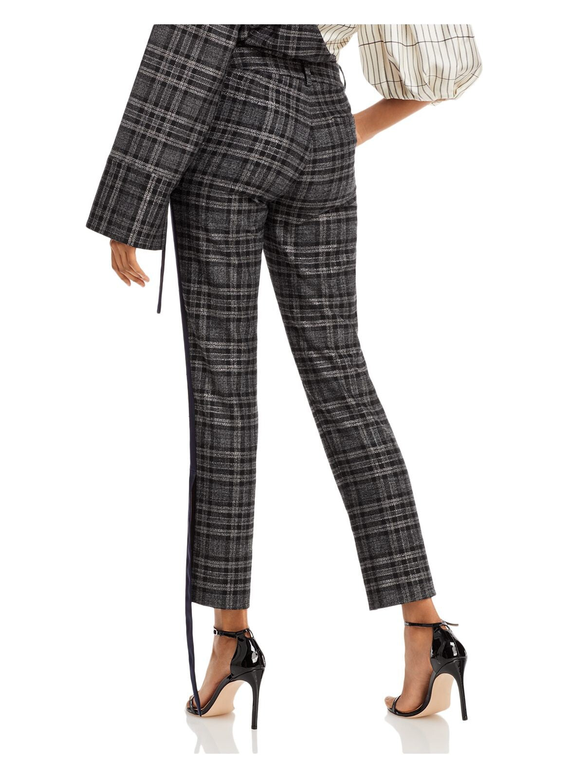 HELLESSY Womens Black Pocketed Zippered Tie Accents Metallic Plaid Straight leg Pants 4
