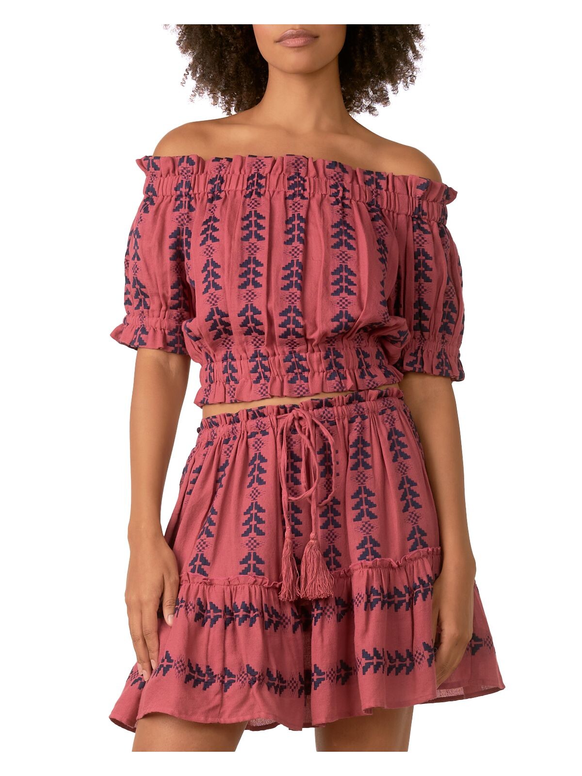 ELAN Womens Pink Embroidered Pullover Short Sleeve Off Shoulder Crop Top M