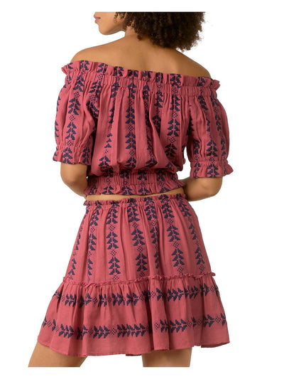 ELAN Womens Pink Embroidered Pullover Short Sleeve Off Shoulder Crop Top M