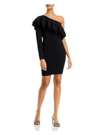 ENDLESS ROSE Womens Black Knit Ruffled Ribbed Long Sleeve Asymmetrical Neckline Short Cocktail Sheath Dress S