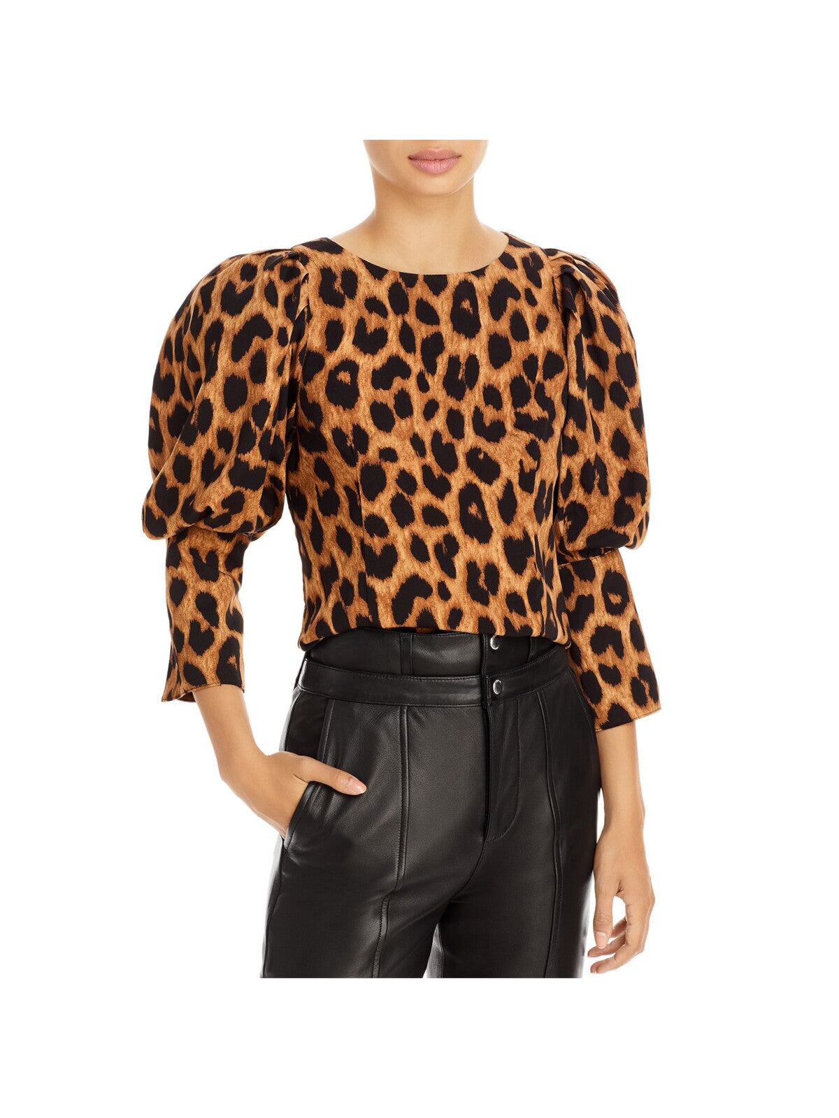 GRACIA Womens Brown Animal Print Round Neck Evening Top S