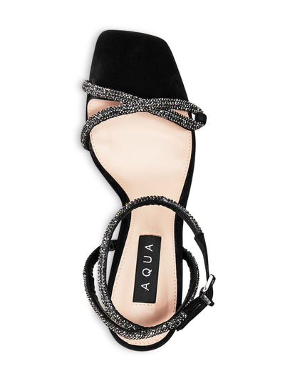 AQUA Womens Black Padded Embellished Ankle Strap Almond Toe Stiletto Buckle Leather Dress Heeled Sandal 10