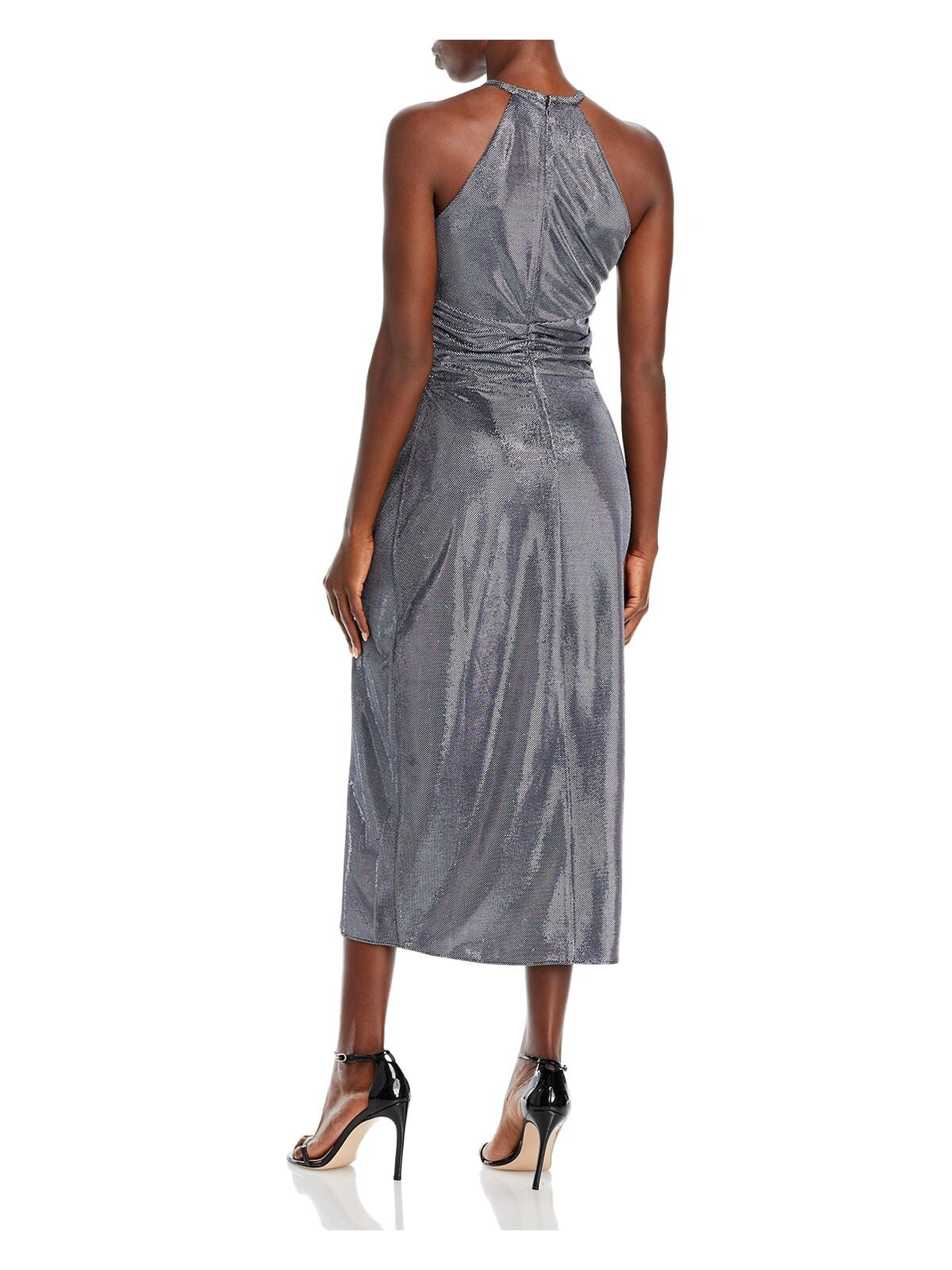RAMY BROOK Womens Silver Stretch Pleated Zippered Twist Front Slitted Sleeveless Halter Midi Sheath Dress 2