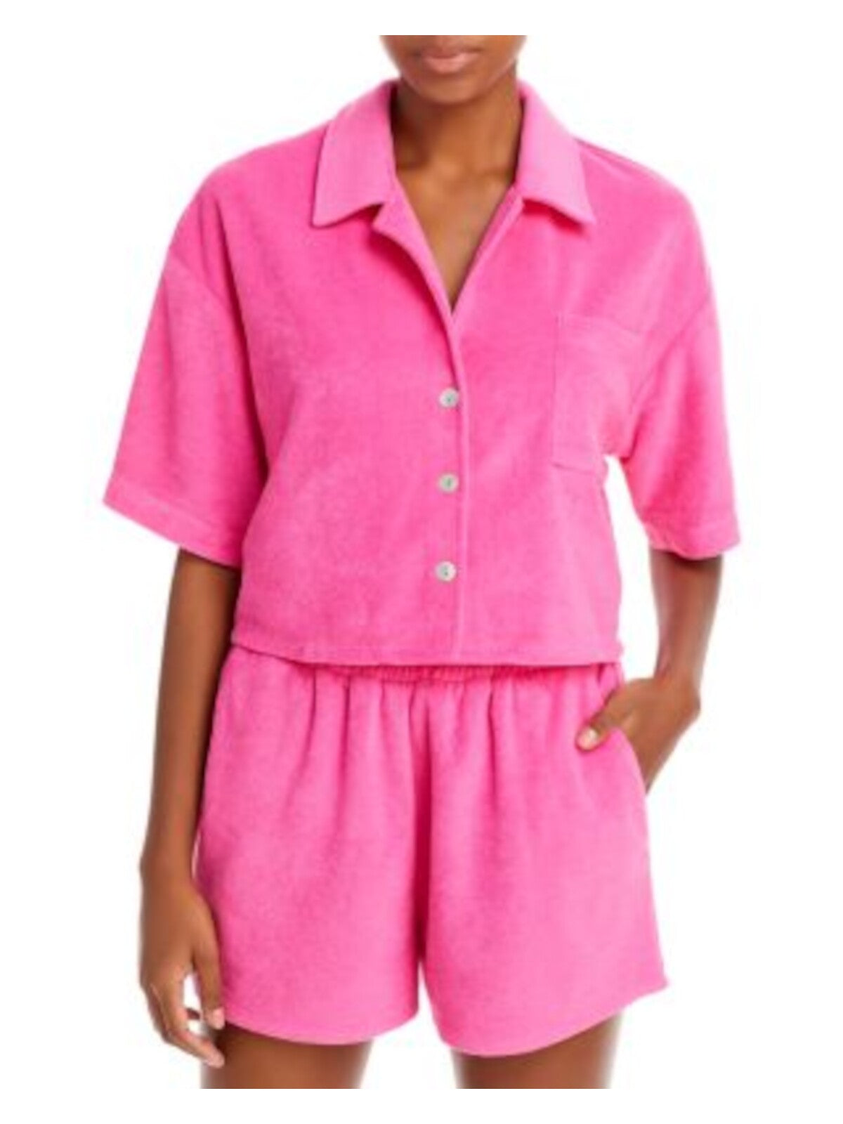 AQUA SWIM Women's Pink Stretch Button Down Collared Cropped Pocketed Swimsuit Cover Up XS