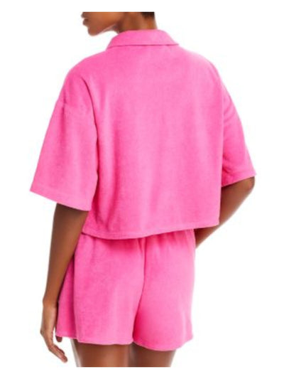 AQUA SWIM Women's Pink Stretch Button Down Collared Cropped Pocketed Swimsuit Cover Up XS