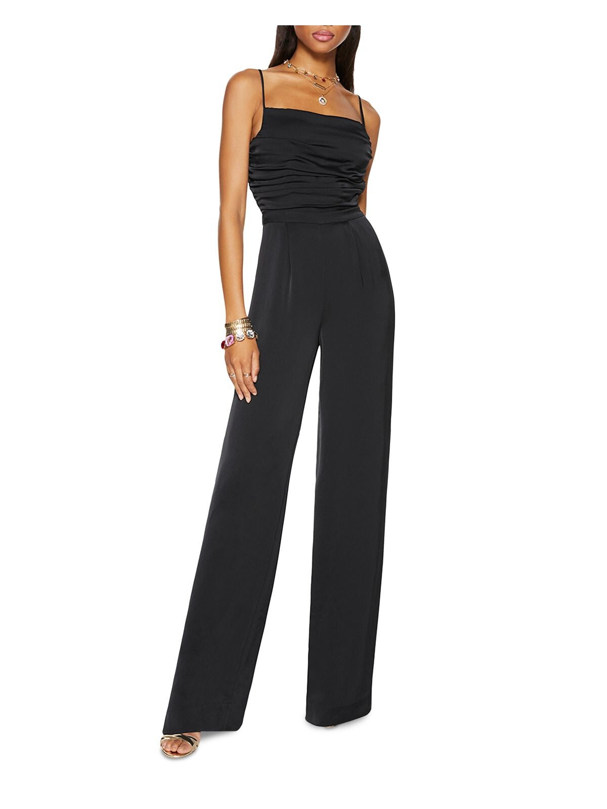 RAMY BROOK Womens Black Zippered Ruched Pocketed Pleated Spaghetti Strap Square Neck Party Straight leg Jumpsuit 2