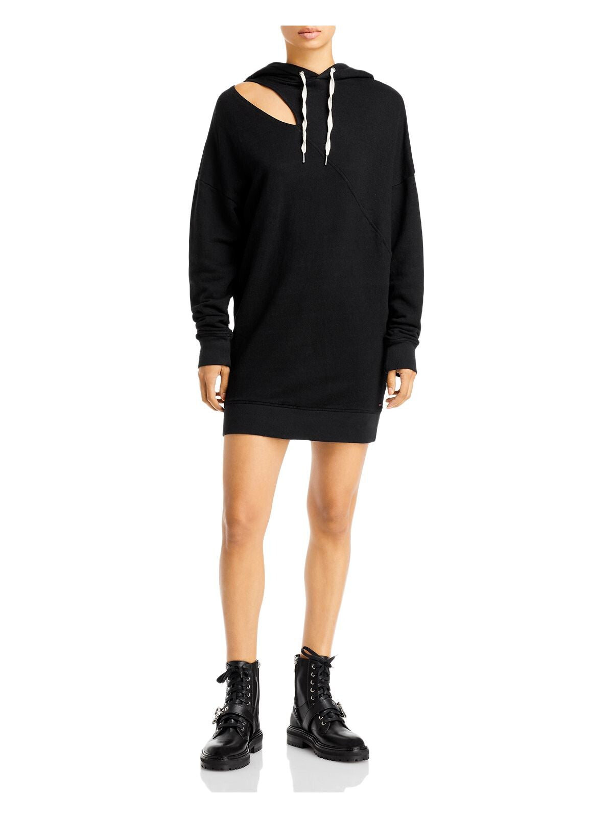 N: PHILANTHROPY Womens Black Cut Out Ribbed Drawstring Hood Drop Shoulders Long Sleeve Short Sweatshirt Dress M