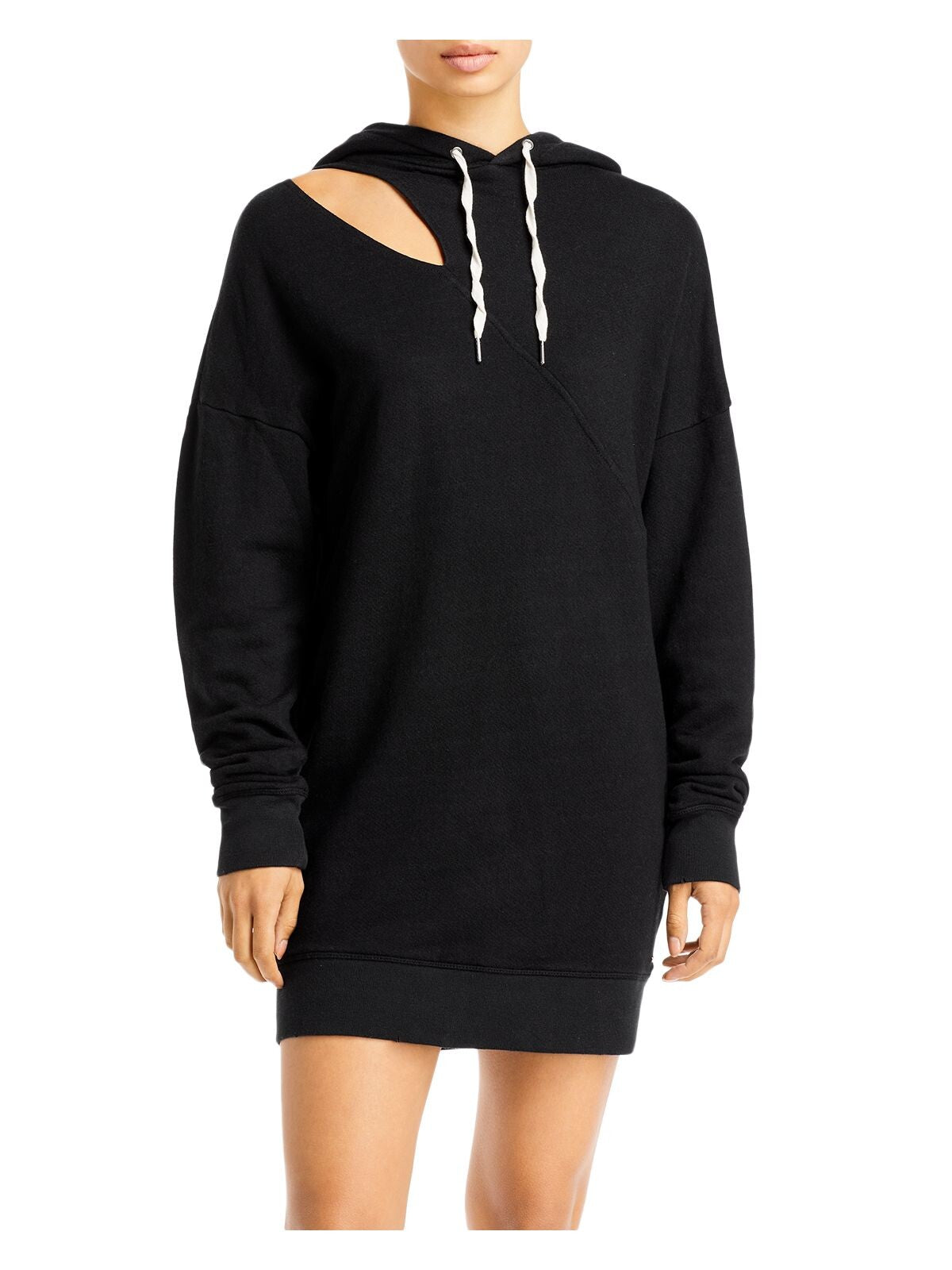 N: PHILANTHROPY Womens Cut Out Ribbed Drawstring Hood Drop Shoulders Long Sleeve Short Sweatshirt Dress