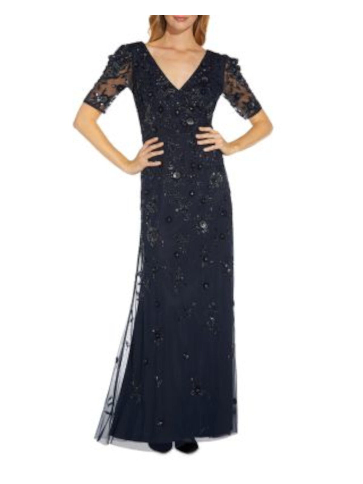 ADRIANNA PAPELL Womens Navy Embellished Zippered Sheer Lined Short Sleeve Surplice Neckline Full-Length Evening Gown Dress 8