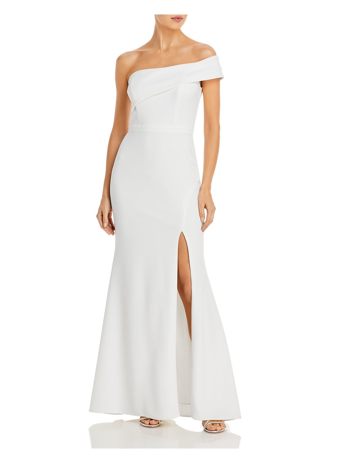 AQUA Womens White Zippered Slitted One Shoulder Sleeve Padded Sleeveless Asymmetrical Neckline Full-Length Evening Gown Dress 8