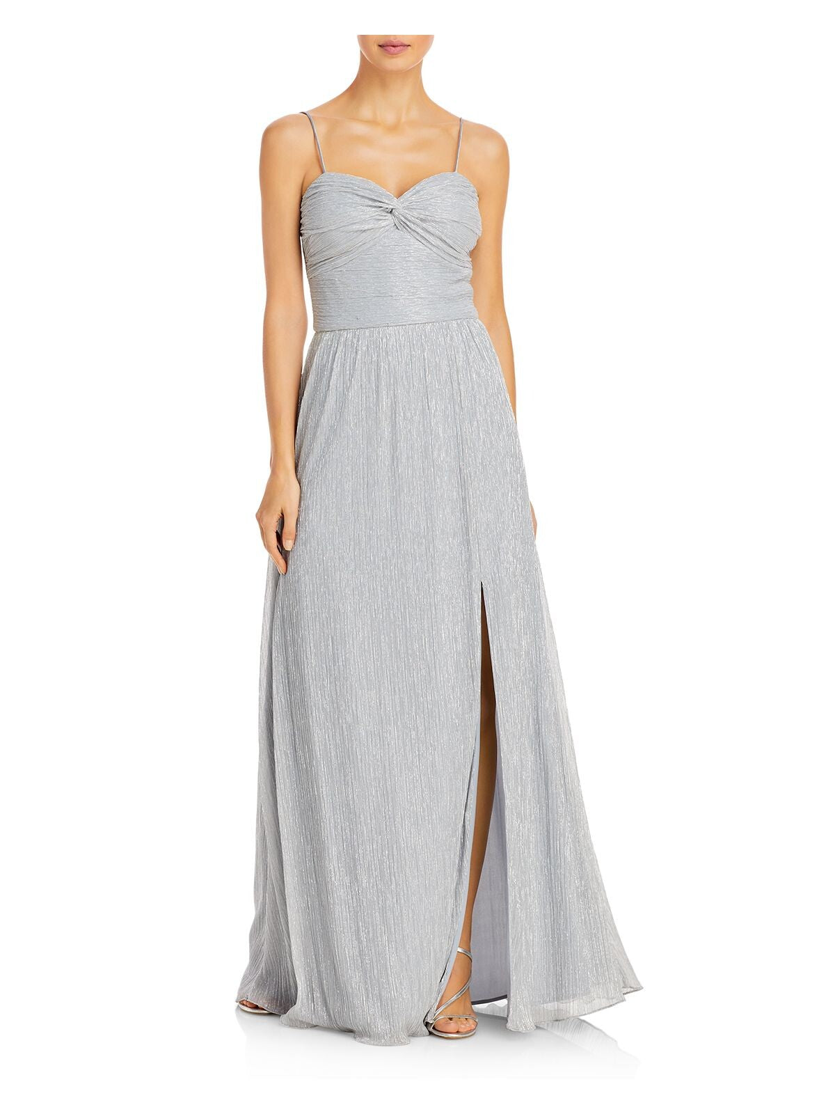 AQUA FORMAL Womens Silver Twist Front Zippered Slitted Padded Cups Lined Spaghetti Strap Sweetheart Neckline Full-Length Formal Gown Dress 14