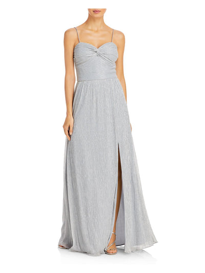 AQUA FORMAL Womens Silver Twist Front Zippered Slitted Padded Cups Lined Spaghetti Strap Sweetheart Neckline Full-Length Formal Gown Dress 14