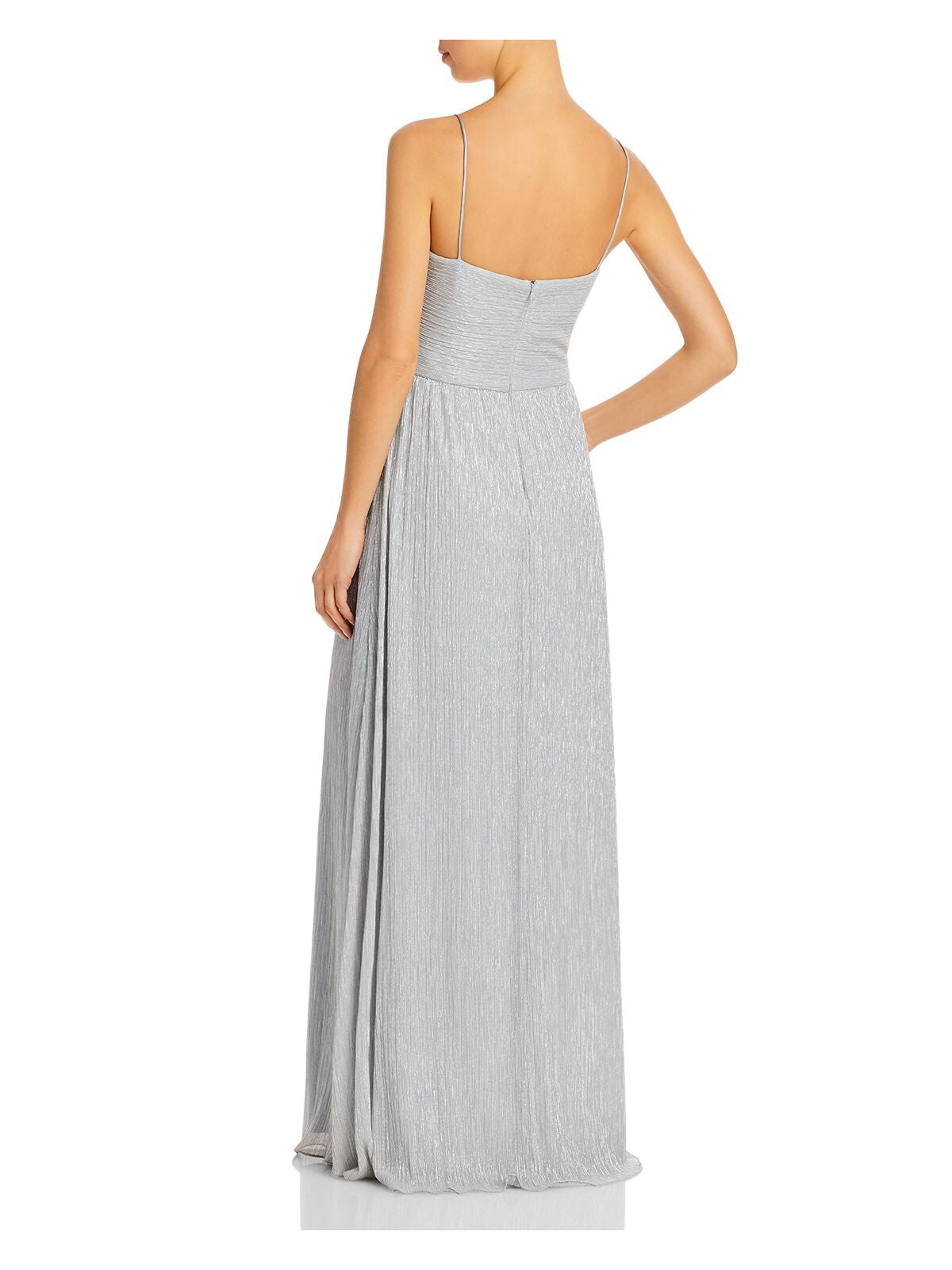 AQUA FORMAL Womens Silver Twist Front Zippered Slitted Padded Cups Lined Spaghetti Strap Sweetheart Neckline Full-Length Formal Gown Dress 14
