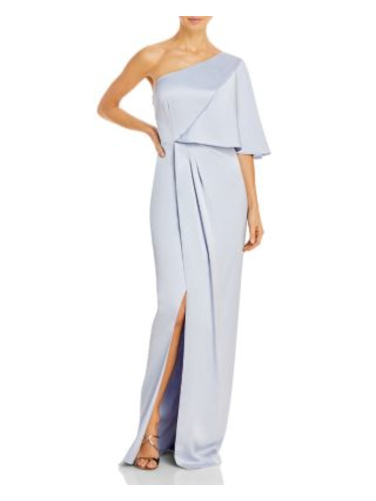 AIDAN MATTOX Womens Light Blue Satin Zippered Pleated Draped One Shoulder Sleeves Asymmetrical Neckline Full-Length Evening Gown Dress 2