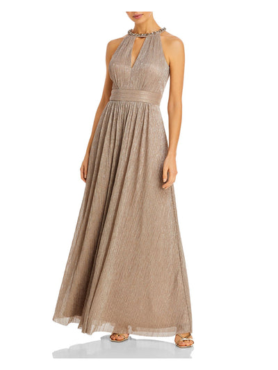 ELIZA J Womens Beige Embellished Zippered Cutout Lined Pinstripe Sleeveless Halter Full-Length Evening Gown Dress 2