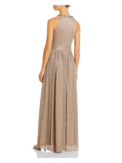 ELIZA J Womens Beige Embellished Zippered Cutout Lined Pinstripe Sleeveless Halter Full-Length Evening Gown Dress 2
