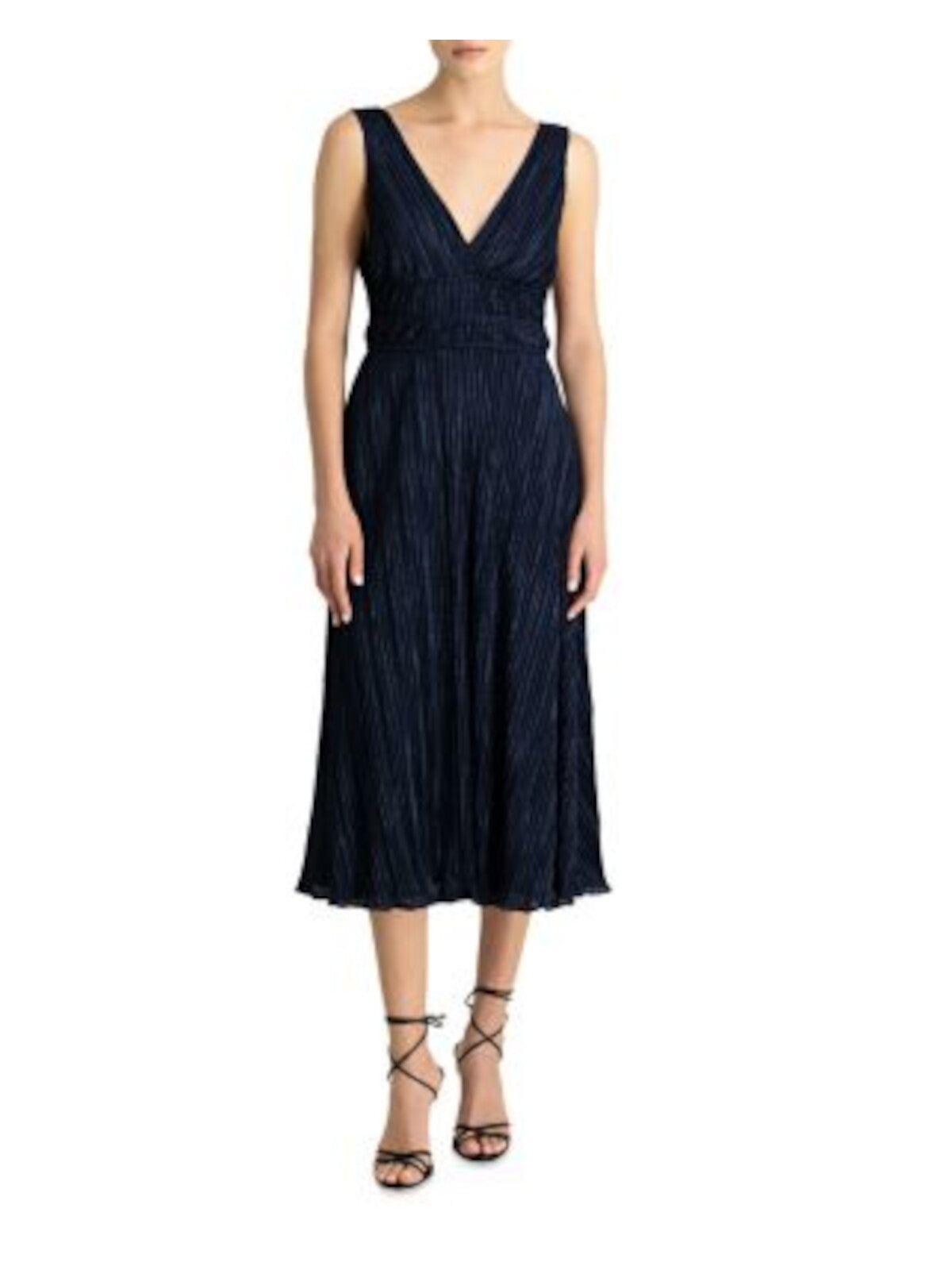 ML MONIQUE LHUILLIER Womens Navy Textured Zippered Tie V-back Lined Sleeveless V Neck Midi Cocktail Fit + Flare Dress 0