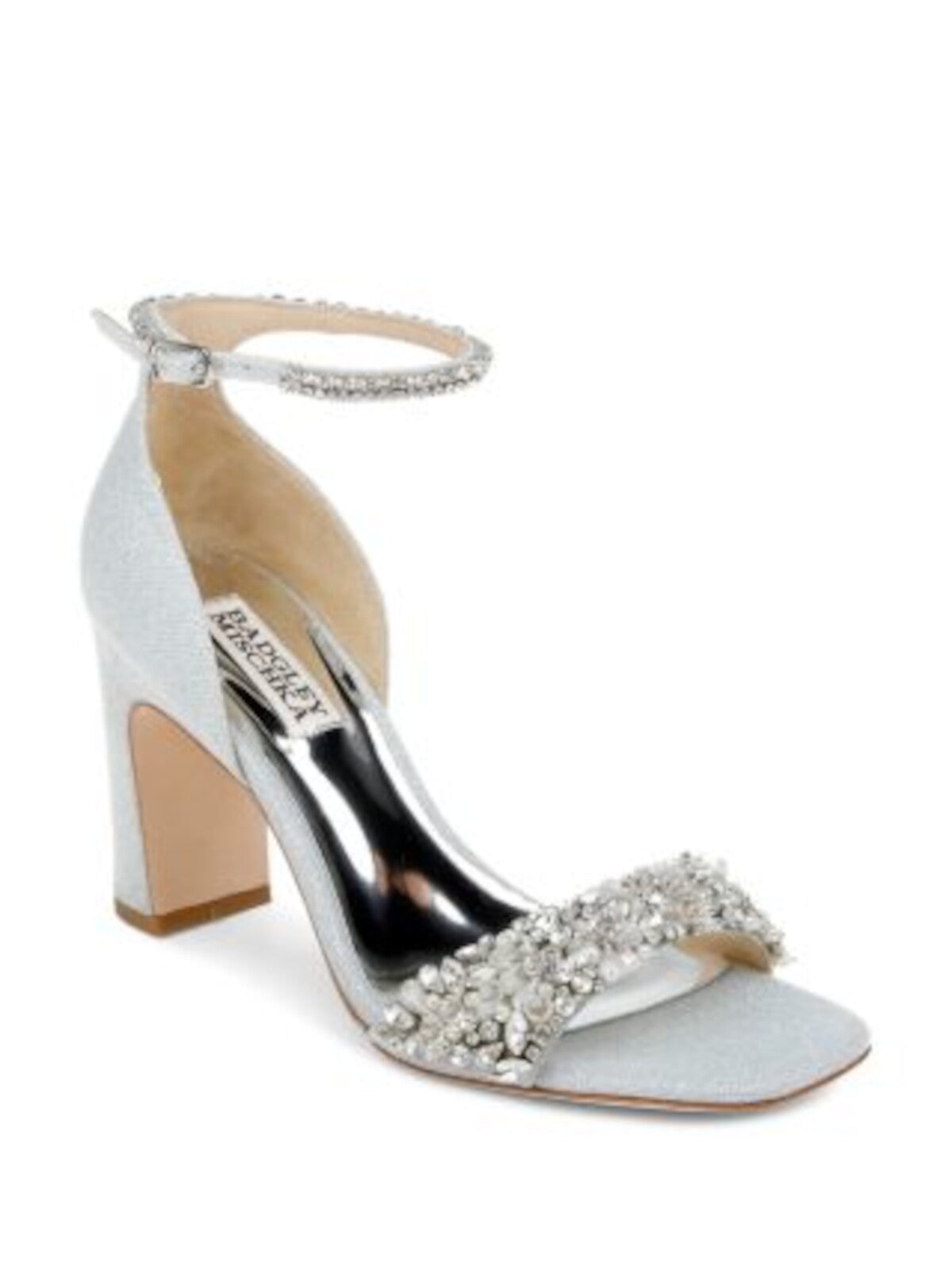 BADGLEY MISCHKA Womens Silver Cushioned Glitter Ankle Strap Embellished Kendall Square Toe Block Heel Buckle Dress Heeled Sandal 9