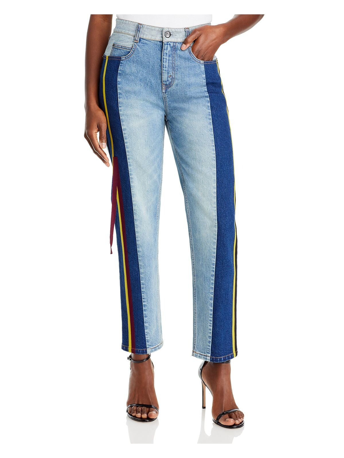 HELLESSY Womens Blue Zippered Pocketed Cropped Straight Leg Color Block High Waist Jeans 4