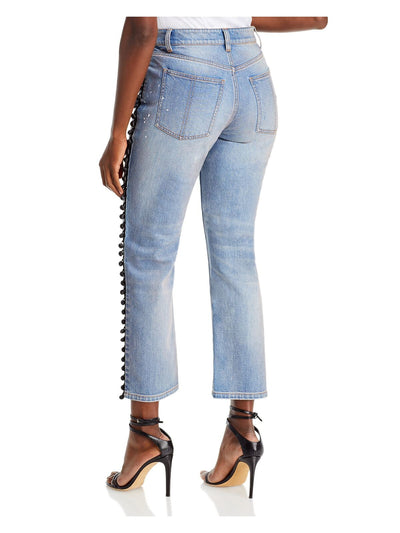 HELLESSY Womens Blue Zippered Pocketed Paint Splatter Pom Pom Trim Straight leg Jeans 4