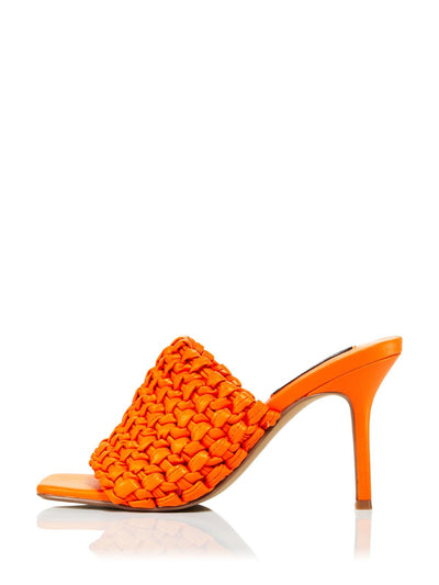 AQUA Womens Orange Padded Woven Katy Square Toe Stiletto Slip On Heeled Sandal 6 M