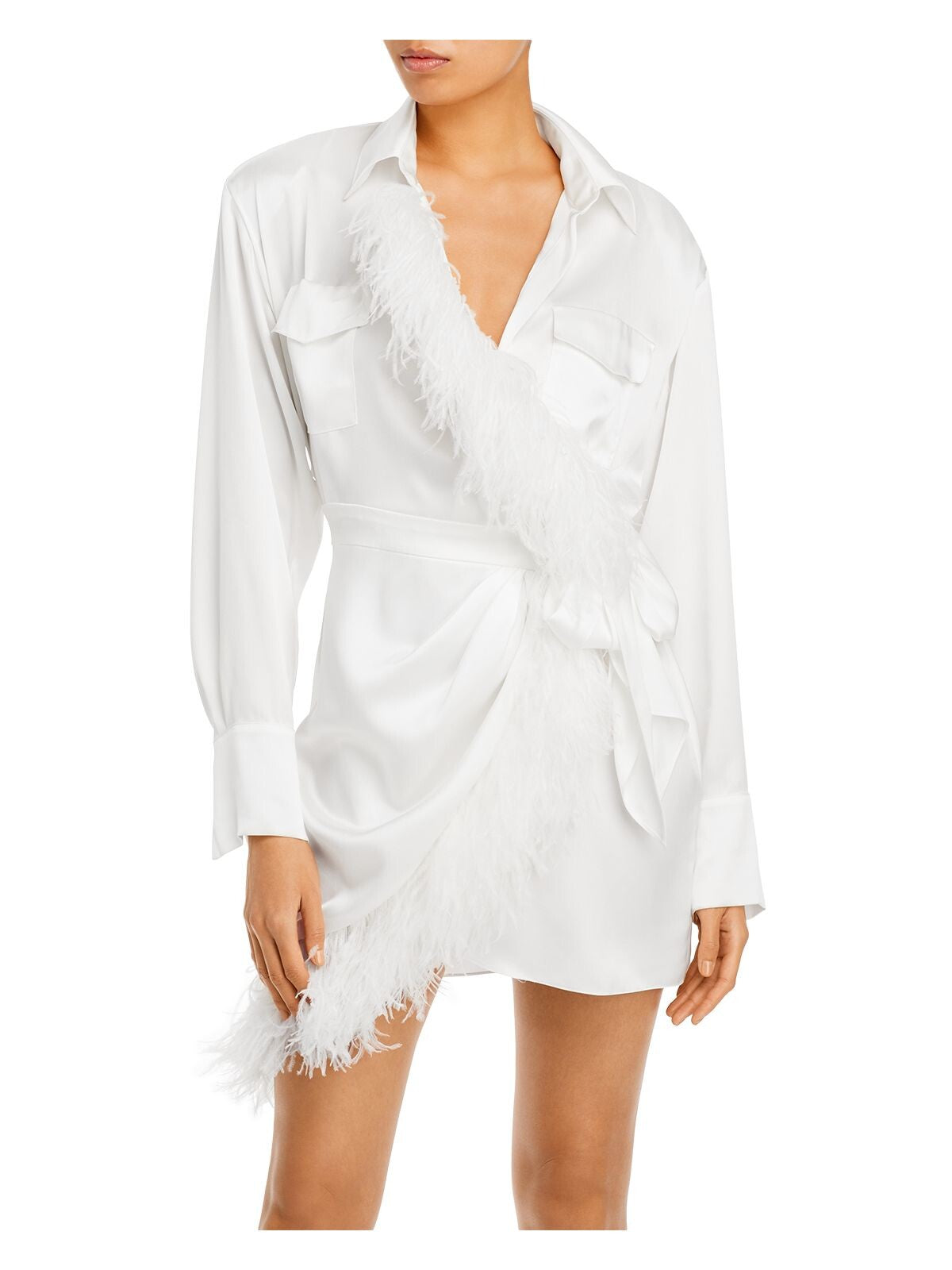 DAVID KOMA Womens White Feathered Pocketed Tie Unlined Cuffed Sleeve Surplice Neckline Mini Cocktail Wrap Dress 8