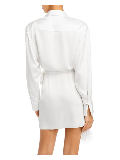 DAVID KOMA Womens White Feathered Pocketed Tie Unlined Cuffed Sleeve Surplice Neckline Mini Cocktail Wrap Dress 12