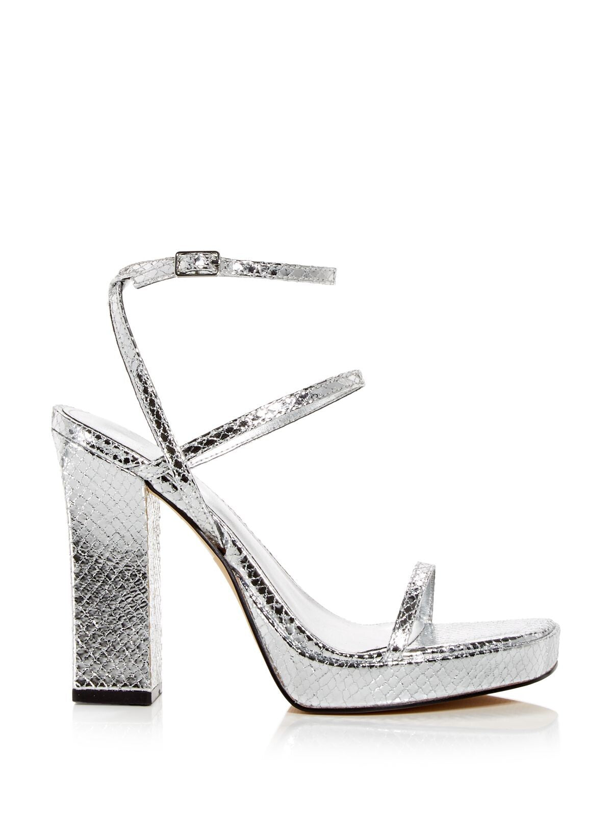 MARC FISHER LTD Womens Silver Snake-Embossed 1/2" Platform Metallic Ankle Strap Katin Square Toe Block Heel Buckle Leather Heeled Sandal 7 M