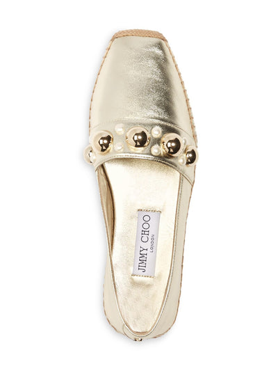 JIMMY CHOO Womens Gold Embellished Dru Square Toe Platform Slip On Leather Espadrille Shoes 37