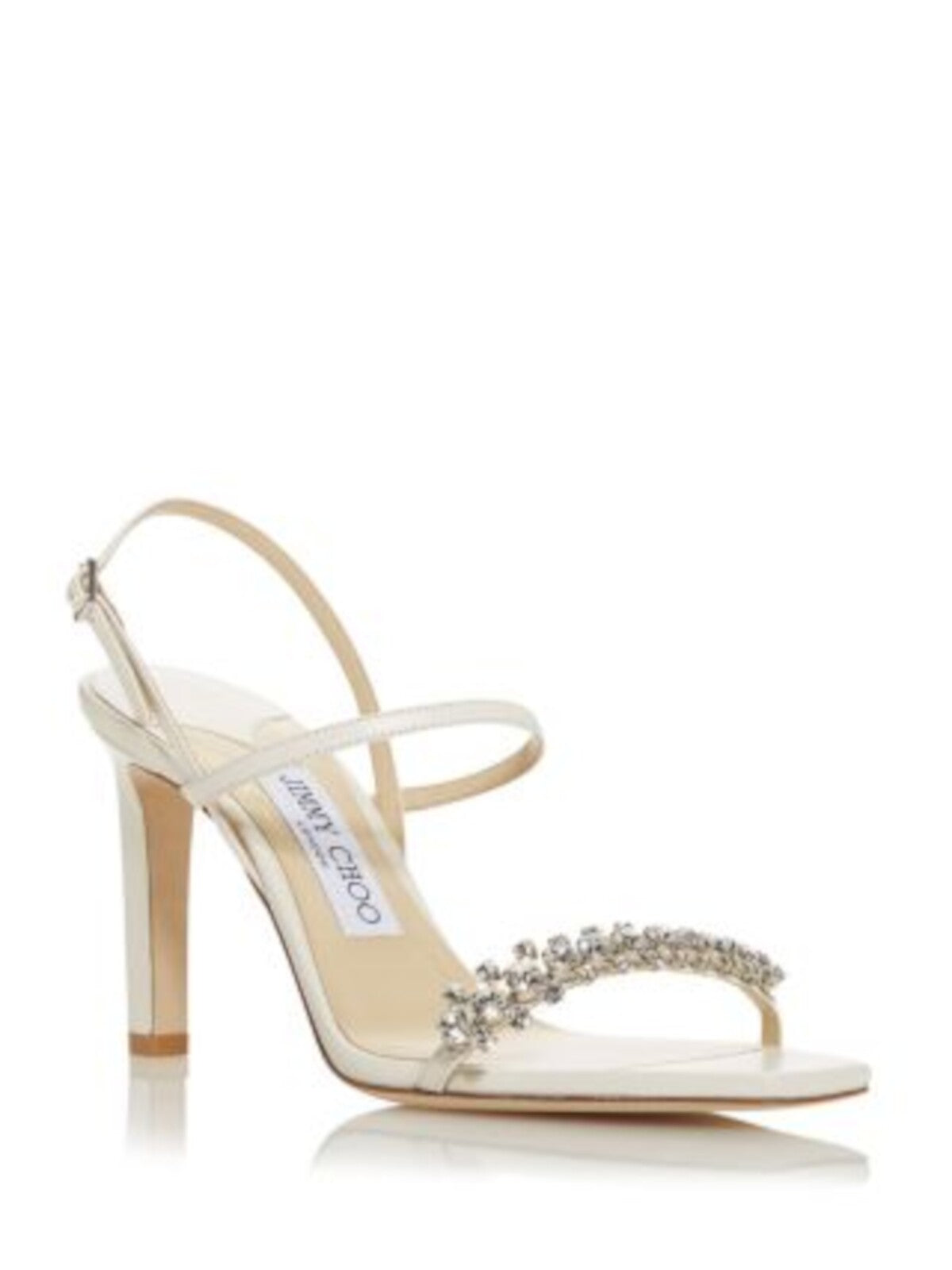 JIMMY CHOO Womens Ivory Padded Embellished Goring Meira 85 Square Toe Stiletto Buckle Leather Slingback Sandal 37.5