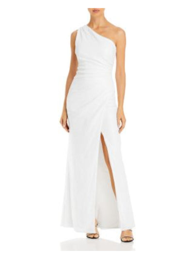 AQUA FORMAL Womens White Sequined Zippered High Slit Pleated Lined Sleeveless Asymmetrical Neckline Full-Length Evening Gown Dress S