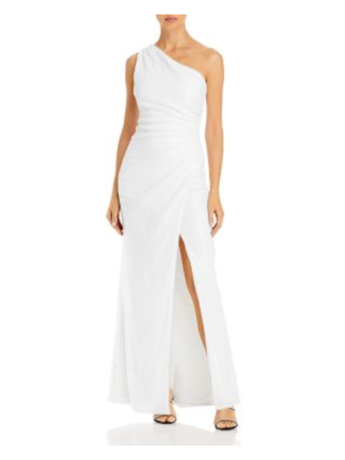 AQUA Womens White Sequined Zippered High Slit Pleated Lined Sleeveless Asymmetrical Neckline Full-Length Evening Gown Dress Juniors M