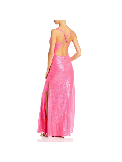 AQUA FORMAL Womens Pink Sequined Zippered Side Slit Lined Spaghetti Strap Cowl Neck Full-Length Prom Gown Dress XL