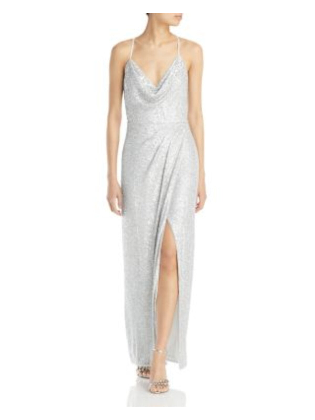 AIDAN MATTOX Womens Silver Sequined Zippered High Slit Lined Column Spaghetti Strap V Neck Full-Length Evening Gown Dress 12