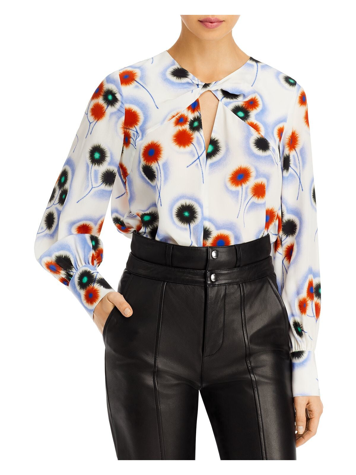 JASON WU Womens White Zippered Floral Long Sleeve Keyhole Wear To Work Blouse 6