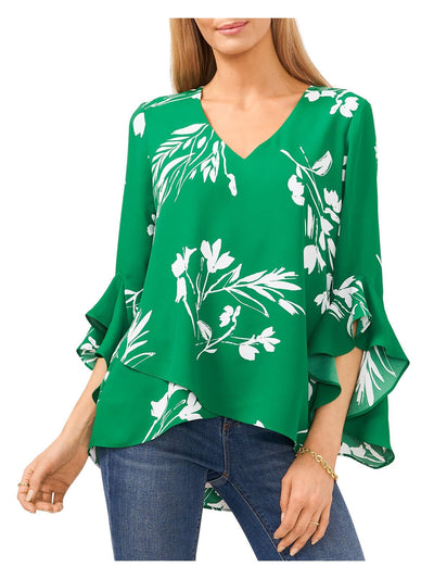 VINCE CAMUTO Womens Green Ruffled Pleated Overlap Detail Round Hem Floral Flutter Sleeve V Neck Blouse XS