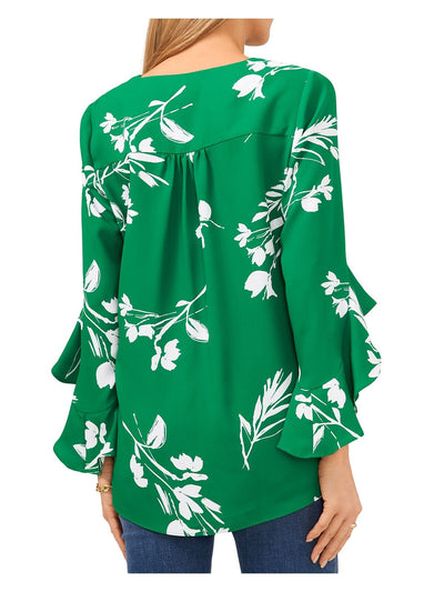 VINCE CAMUTO Womens Green Ruffled Pleated Overlap Detail Round Hem Floral Flutter Sleeve V Neck Blouse XS